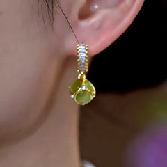 Close-up detail of the sparkling zircons and plating on the Zircon Cat's Eye Earrings