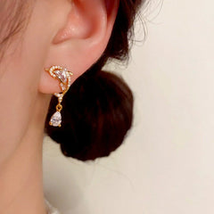 14K Gold-Plated Luxury Zircon Diamond Dolphin Water Drop Earrings - elegant Dolphin Drop Earrings