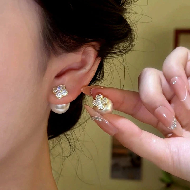14K Gold-Plated Luxury Zircon Diamond Four Leaf Flower Bead Jacket Earrings - elegant Flower Jacket Earrings
