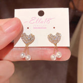 14K Gold-Plated Luxury Zircon Diamond Heart Pearl Tassel Earrings - elegant Heart Pearl Tassel