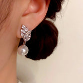 14K Gold-Plated Luxury Zircon Diamond Leaf Pearl Earrings - elegant Leaf Pearl Earrings