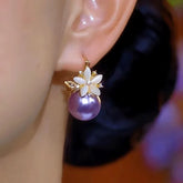 14K Gold-Plated Luxury Zircon Double-Sided Flower Purple Pearl Earrings - elegant Flower Purple Pearl