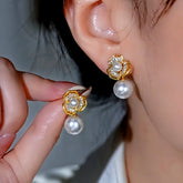 14K Gold-Plated Luxury Zircon Flower Pearl Earrings - elegant Zircon Flower Pearl