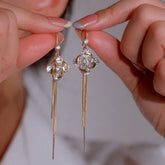 14K Gold-Plated Luxury Zircon Four-Leaf Flower Ear Hook Tassel Earrings - elegant Flower Ear Hooks
