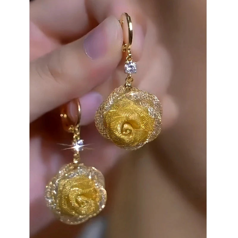 14K Gold-Plated Luxury Zircon Gold Rose Earrings - elegant Zircon Gold Rose