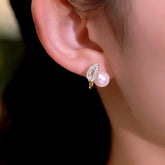 14K Gold-Plated Luxury Zircon Leaf Pearl Stud Earrings - elegant Leaf Pearl Studs
