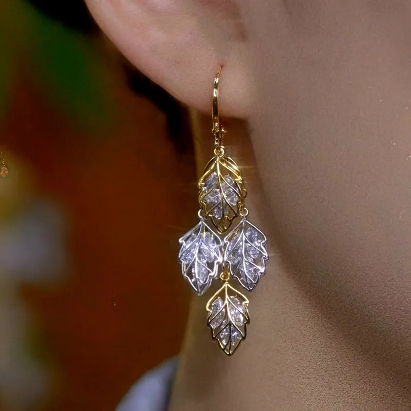 14K Gold-Plated Luxury Zircon Leaf Tassel Earrings - elegant Zircon Leaf Tassel