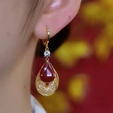 14K Gold-Plated Luxury Zircon Mesh And Red Oil Drop Earrings - elegant Red Oil Drop Earrings