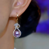 14K Gold-Plated Luxury Zircon Purple Pearl Earrings - elegant Zircon Purple Pearl