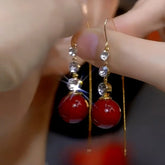 14K Gold-Plated Luxury Zircon Red Pearl Threader Earrings - elegant Red Pearl Threaders