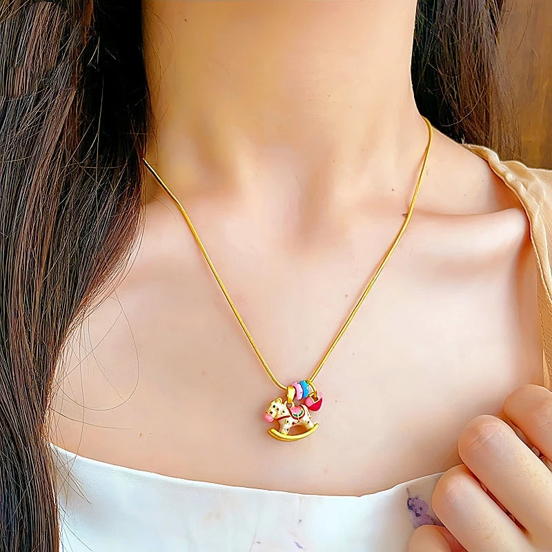 14K Gold-Plated Macaron-Colored Rocking Horse Necklaces worn to showcase its length and pendant detail