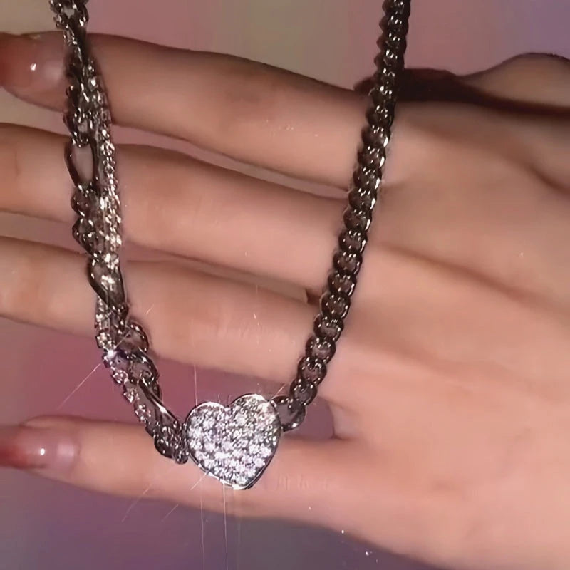 Detailed view of the 14K Gold-Plated Magnetic Full Zircon Diamond Heart Necklace chain and pendant