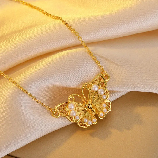 14K Gold-Plated Magnetic Pearl Butterfly Necklace - beautiful Magnetic Butterfly Necklace