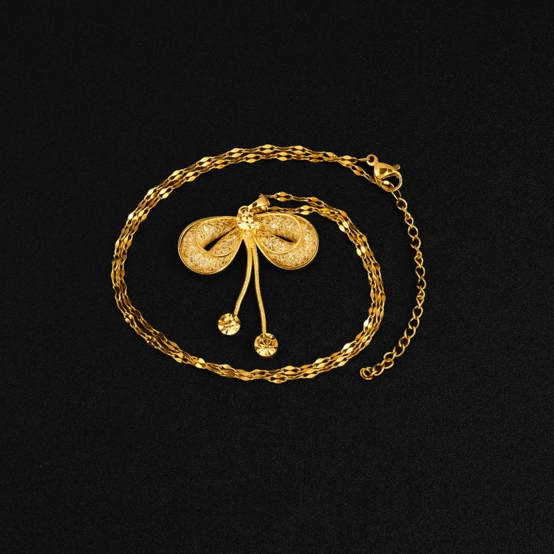 14K Gold-Plated Mesh Butterfly Bow Pendant Necklace worn to showcase its length and pendant detail