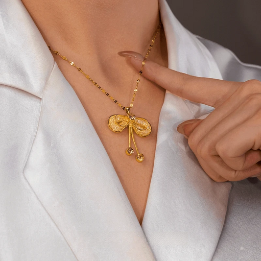 14K Gold-Plated Mesh Butterfly Bow Pendant Necklace - beautiful Butterfly Bow Necklace