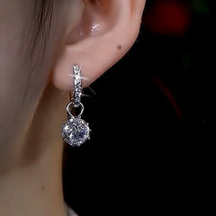 Sparkling Silver Crystal Dangle Huggie Hoop Earring on Woman's Ear