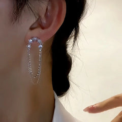 Silver CZ U-Shaped Double Chain Drop Earring Worn on Left Female Ear
