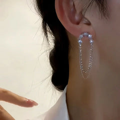 Silver CZ U-Shaped Double Chain Drop Earring on Right Ear Side View