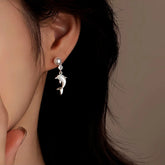 Silver White Pearl Dolphin Dangle Drop Earring on Female Ear