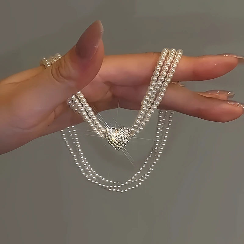 14K Gold-Plated Multi-Layered Magnetic Diamond Heart Pearl Necklace - beautiful Magnetic Heart Pearl
