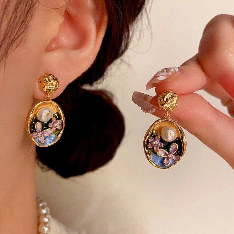 14K Gold-Plated Oil-Dripping Freshwater Pearl Flower Oval Earrings - elegant Pearl Flower Earrings