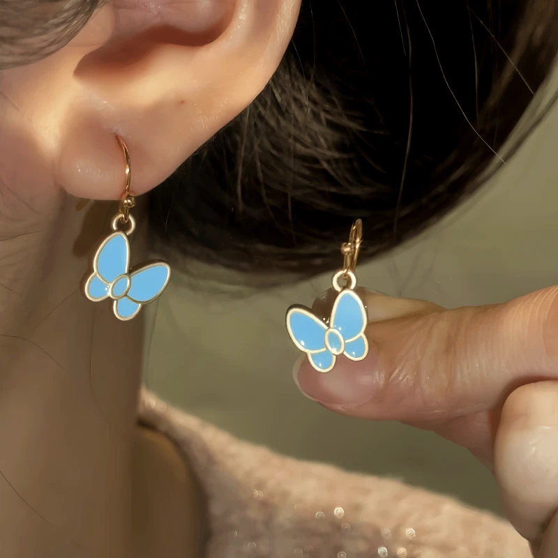 14K Gold-Plated Oil Drop Blue Butterfly Ear Hooks - elegant Butterfly Ear Hooks