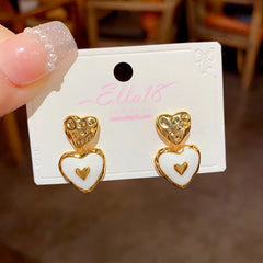 Ella18 Gold Hammered White Enamel Double Heart Drop Dangle Earrings
