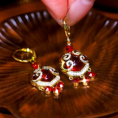 Chinese Style Red Gem Gold Longevity Lock Dangle Earrings with Zircon Details