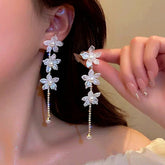 14K Gold-Plated Pearl Flower Tassel Earrings - elegant Pearl Flower Tassel