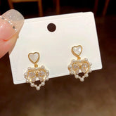 14K Gold-Plated Pearl Heart Zircon Bow Earrings - elegant Pearl Heart Bow