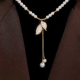 14K Gold-Plated Pearl Leaf Sweater Necklace - beautiful Pearl Leaf Necklace