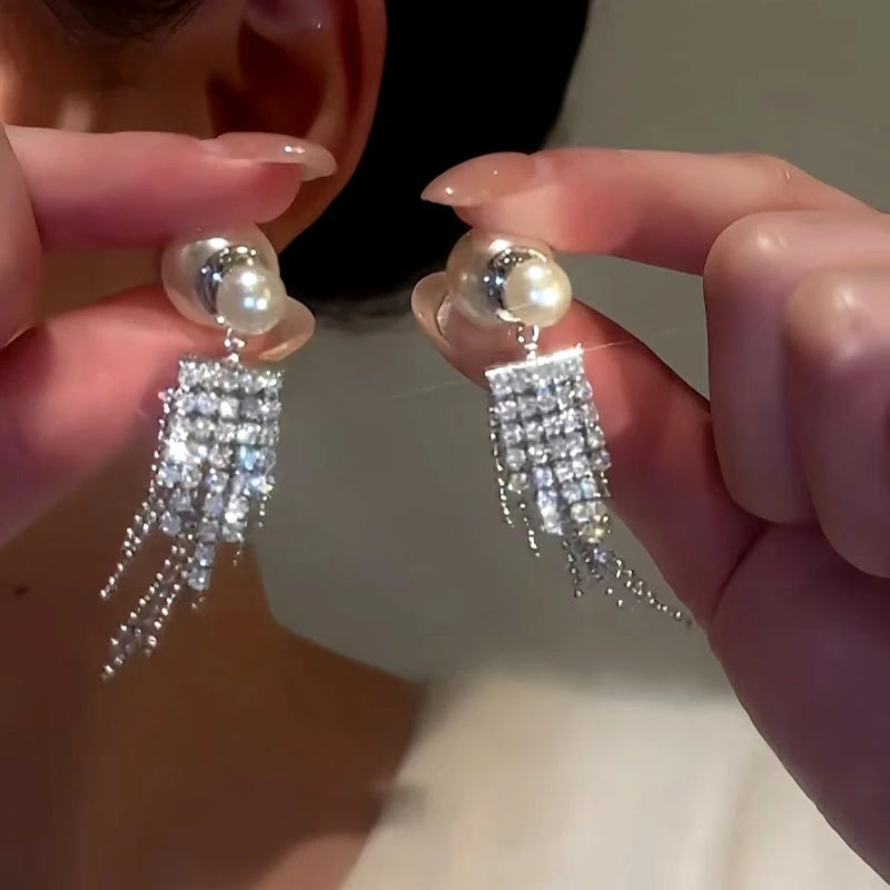 14K Gold-Plated Pearl Zircon Tassel Earrings - elegant Zircon Tassel Earrings