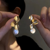 14K Gold-Plated Petal Flower Pearl Earrings - elegant Petal Flower Earrings