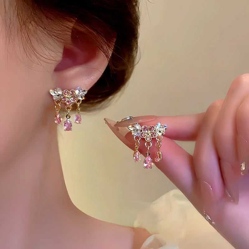 14K Gold-Plated Pink Diamond Flower Earrings - elegant Diamond Flower Earrings