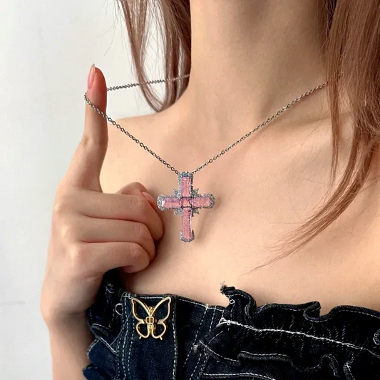 14K Gold-Plated Pink Zircon Cross Necklace - beautiful Zircon Cross Necklace