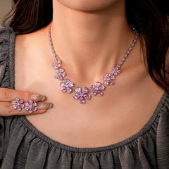 14K Gold-Plated Pink Zircon Diamond Flower Necklace And Earrings Set - beautiful Zircon Flower Set