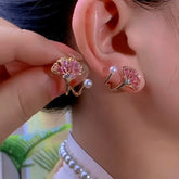 14K Gold-Plated Pink Zircon Ginkgo Leaf Earrings - elegant Zircon Ginkgo Earrings