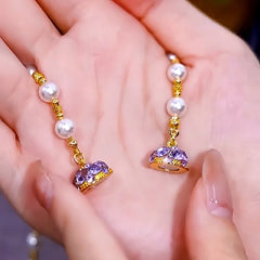 14K Gold-Plated Purple Diamond Magnetic Pearl Necklaces worn to showcase its length and pendant detail