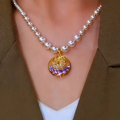 14K Gold-Plated Purple Diamond Mesh Hoop Bead Necklace worn to showcase its length and pendant detail