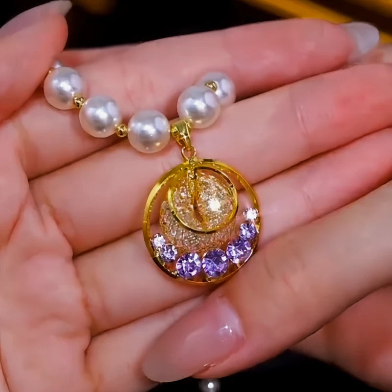 Detailed view of the 14K Gold-Plated Purple Diamond Mesh Hoop Bead Necklace chain and pendant