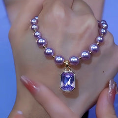 14K Gold-Plated Purple Diamond Pearl Necklace - beautiful Diamond Pearl Necklace