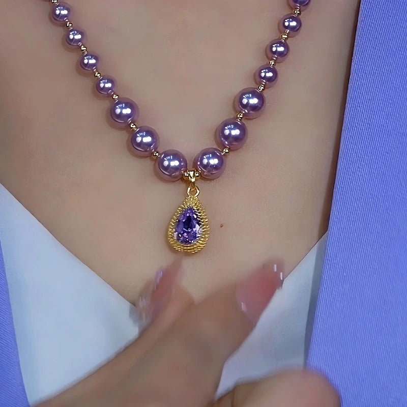 14K Gold-Plated Purple Diamond Pearl Water Drop Necklace - beautiful Pearl Water Drop
