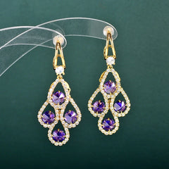 Gold Purple Crystal Peacock Feather Dangle Drop Earrings with Clear CZ Accents