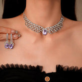 14K Gold-Plated Purple Diamond Water Drop Necklace And Earring Set - beautiful Diamond Water Drop Set