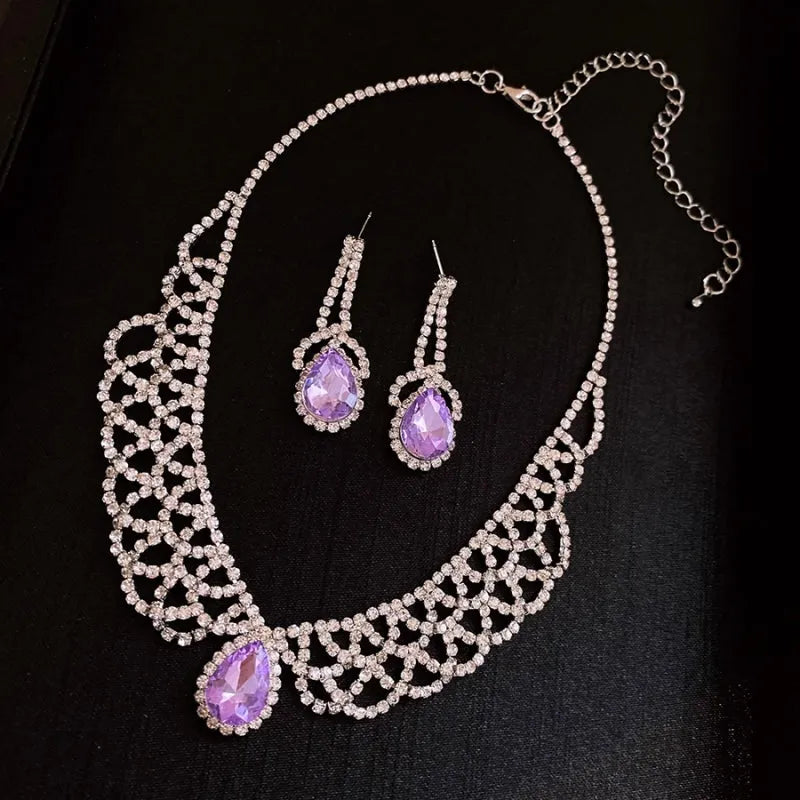 Detailed view of the 14K Gold-Plated Purple Diamond Water Drop Necklace And Earring Set chain and pendant