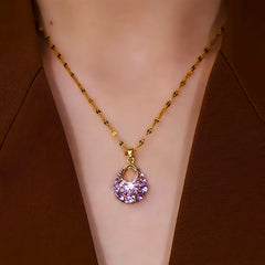 14K Gold-Plated Purple Diamond Water Drop Necklace worn to showcase its length and pendant detail