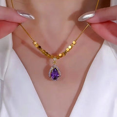14K Gold-Plated Purple Diamond Water Drop Necklace - beautiful Diamond Water Drop