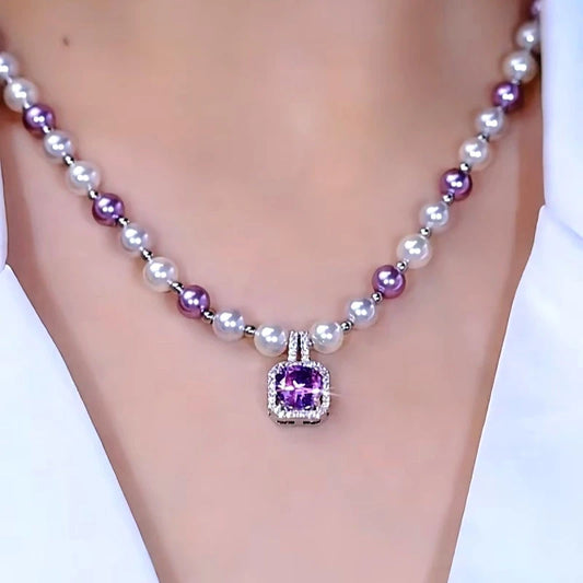 14K Gold-Plated Purple Full Diamond Sugar Cube Pearl Necklace - beautiful Sugar Cube Necklace