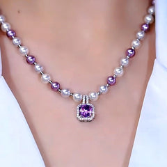 14K Gold-Plated Purple Full Diamond Sugar Cube Pearl Necklace - beautiful Sugar Cube Necklace