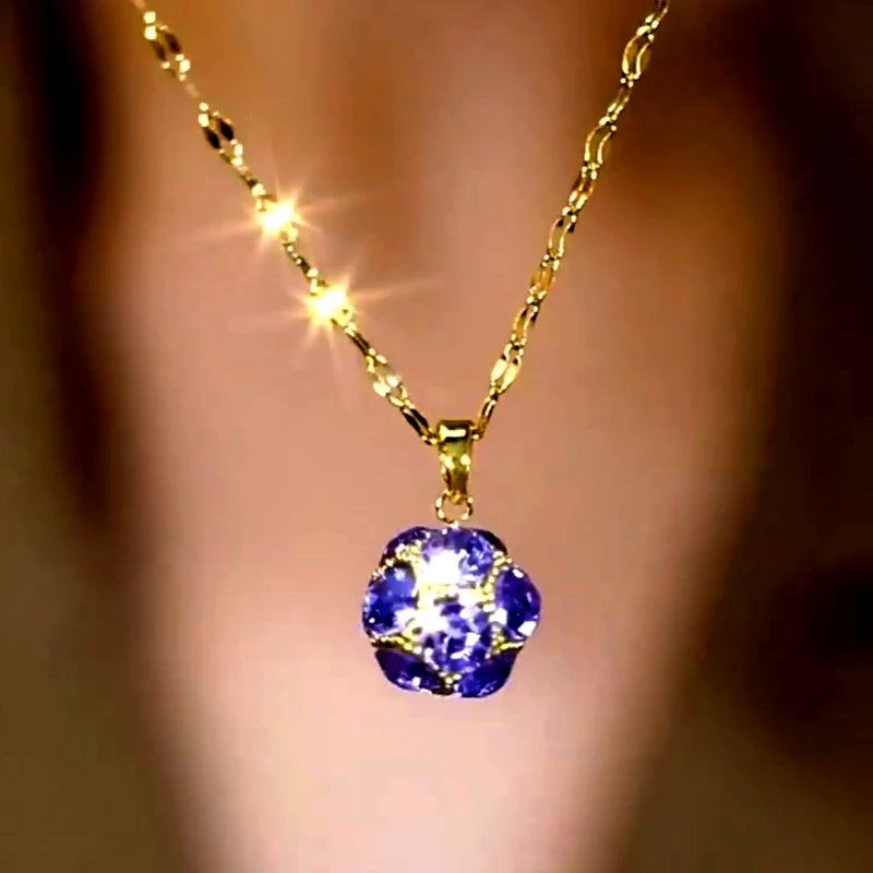 14K Gold-Plated Purple Zircon Diamond Ball Crystal Pendat Necklaces worn to showcase its length and pendant detail
